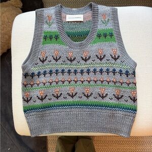 Loeffler Randall Grey Floral Fair Isle Knit Vest with Green and Blue Accents